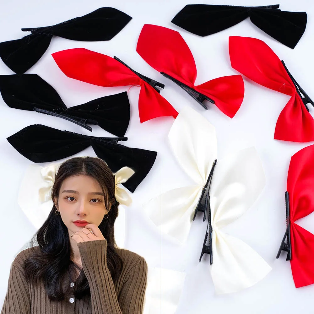 1 пара модных корейских элегантных заколок с бантом и лентой для девочек, простой, милый, однотонный атласный головной убор в стиле ретро, Аксессуары, подарки