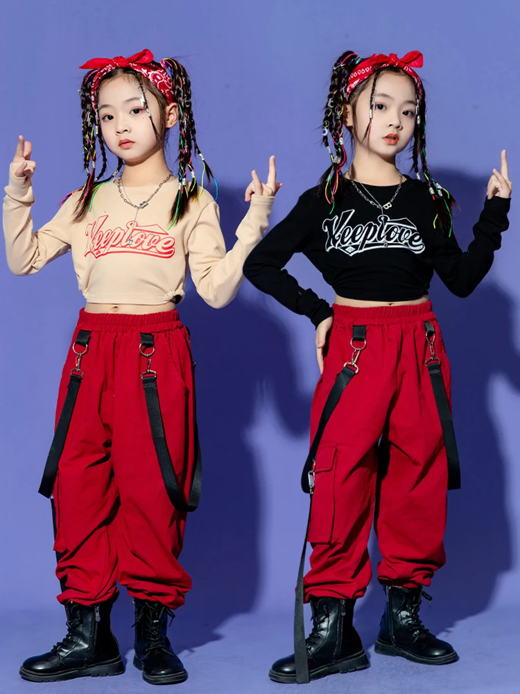 2023 Kpop Одежда для танцев в стиле хип-хоп для девочек, джазовый костюм, укороченные топы, Красные брюки-карго, одежда для уличных танцев, одежда для сцены BL10020