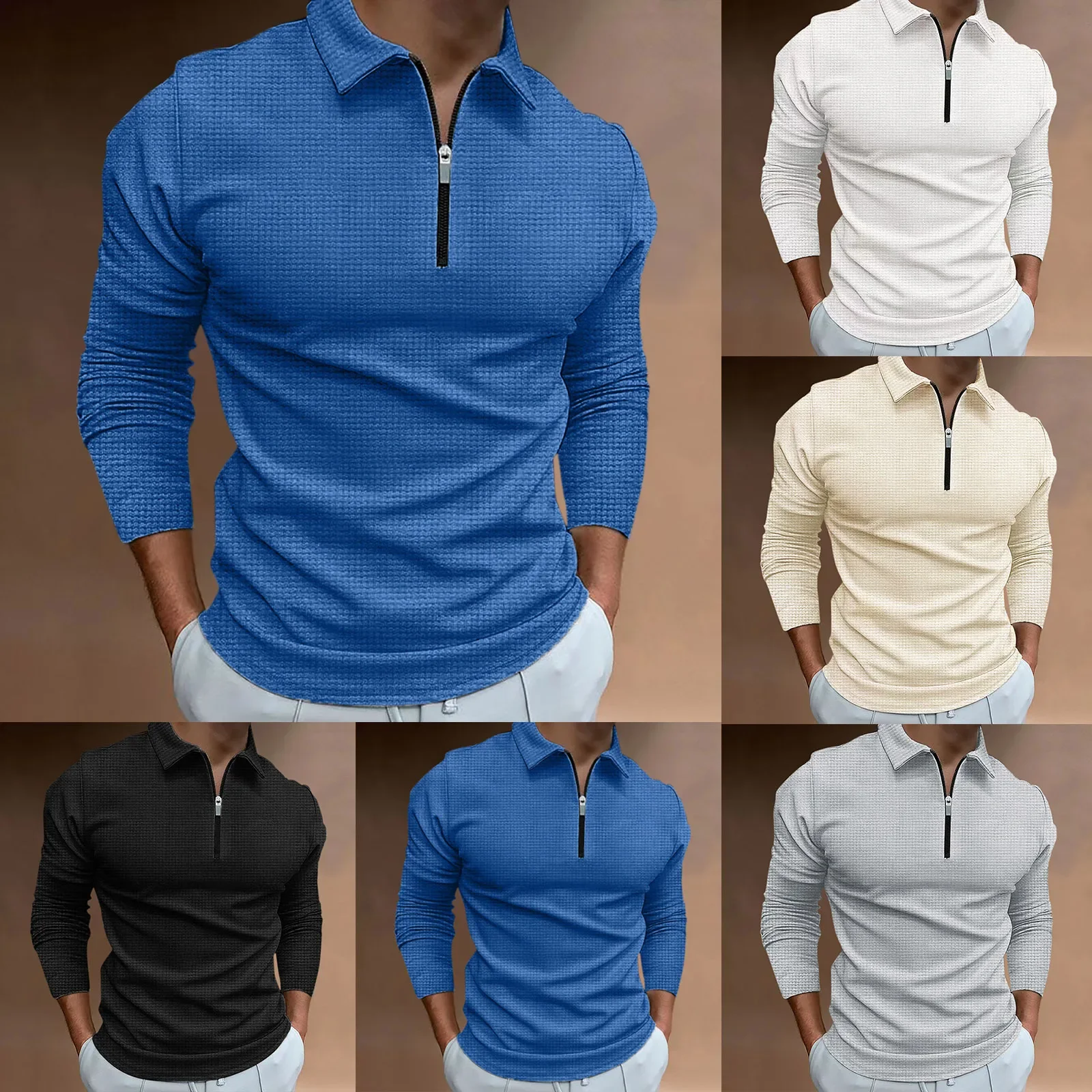 2023 Мужская осенне-зимняя новая модная повседневная рубашка поло на молнии с длинным рукавом, мужская футболка
