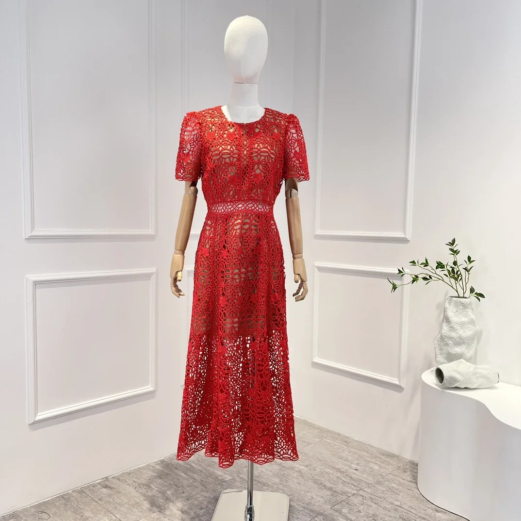 2023 Новая коллекция, Красный Элегантный Гипюровый кружевной лиф, женское платье Миди с открытой талией, женская одежда для вечеринок