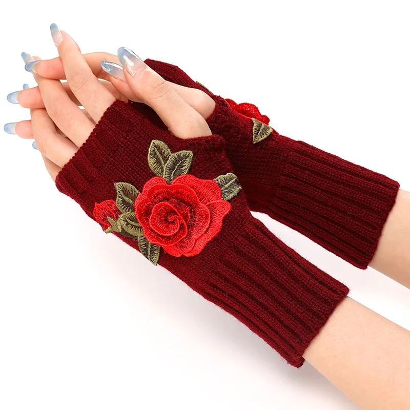 2023 Новые Осенне Зимние женские короткие модные перчатки с вышивкой в виде цветов, Вязаные шерстяные рукава, теплые варежки, перчатки без пальцев, женские