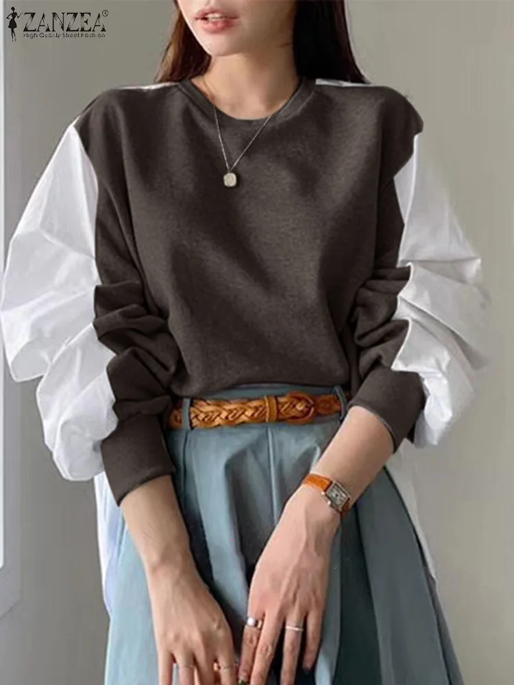 2023 Осенние цветные свитшоты в стиле пэчворк, женский пуловер ZANZEA с круглым вырезом и длинным рукавом, повседневная свободная блузка, модный вязаный топ в корейском стиле