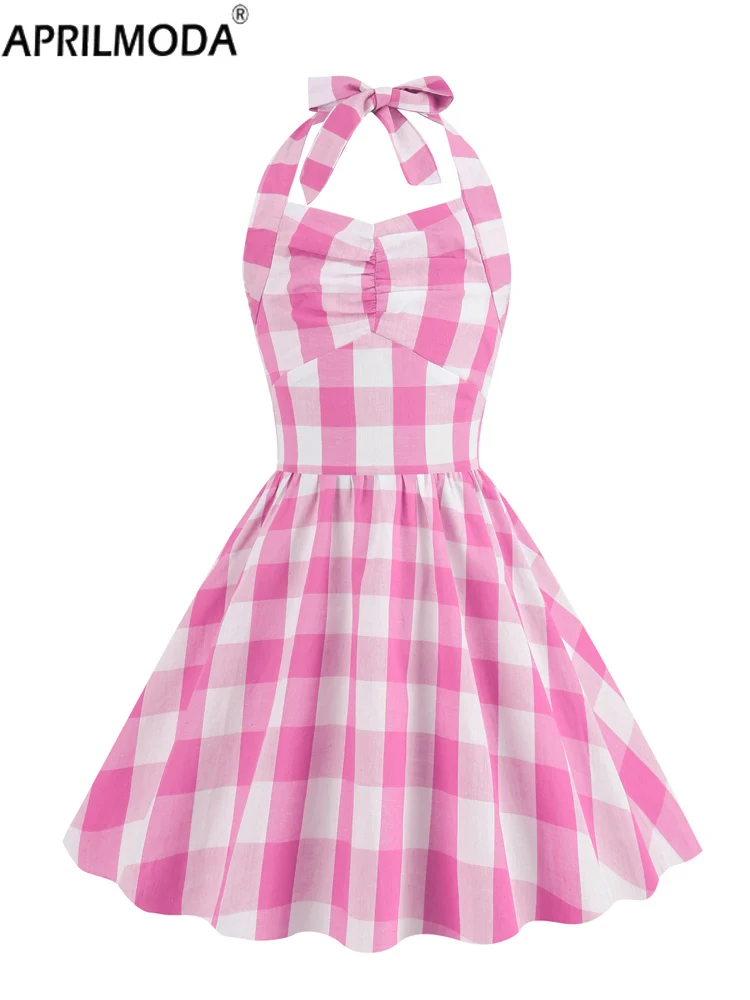 2024 Детские винтажные платья в розовую клетку с высокой талией на бретелях 40-х, 50-х, 60-х годов, летнее праздничное плиссированное платье принцессы с открытой спиной для маленьких девочек