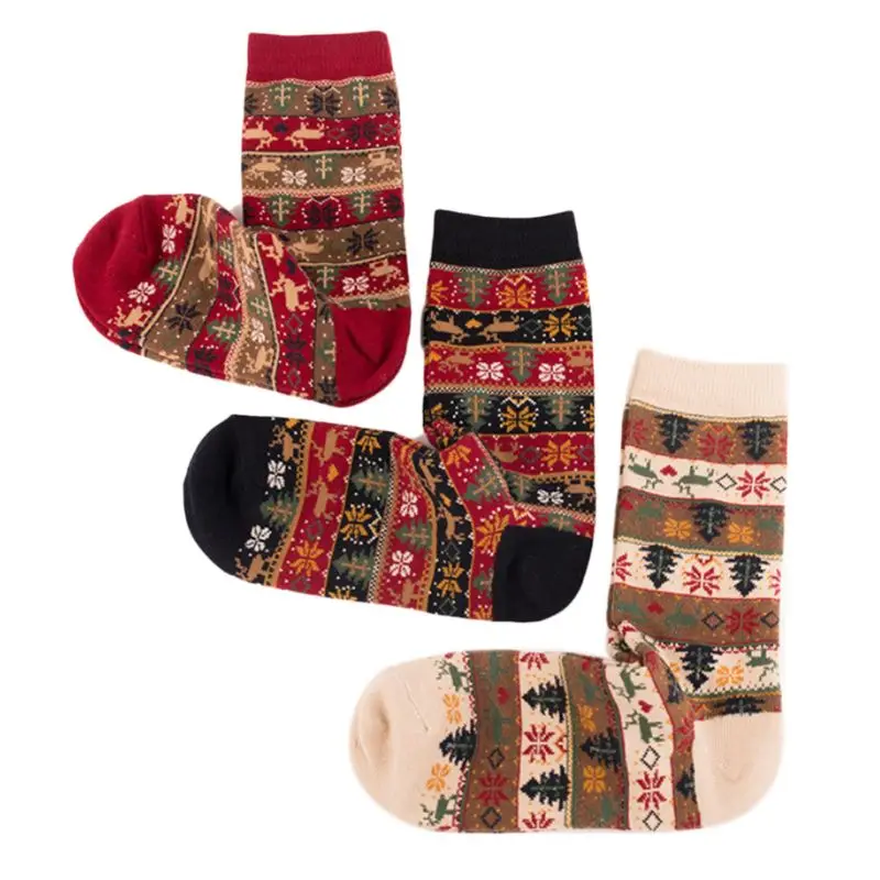 3 Пары женских винтажных рождественских хлопчатобумажных носков в этническую полоску из лося и снежинок контрастного цвета с принтом теленка Прямая доставка