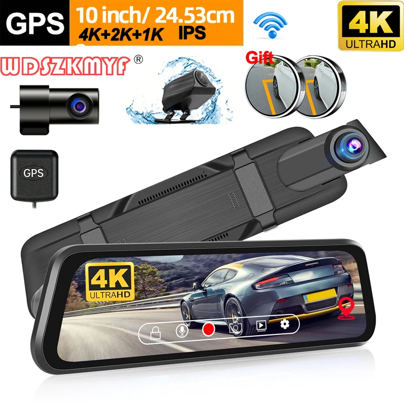 3Lens 4K Dash Cam для Автомобилей 10-Дюймовое Зеркало Заднего Вида GPS Wifi Автомобильный Видеорегистратор Видеомагнитофон Камера заднего Вида для Автомобиля Автомобильные Аксессуары