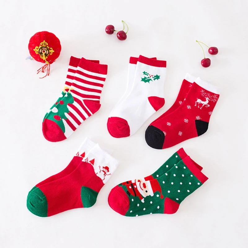 5 пар детских рождественских хлопчатобумажных носков с изображением Лося, снеговика, Санта-Клауса, праздничные чулочно-носочные изделия 37JB
