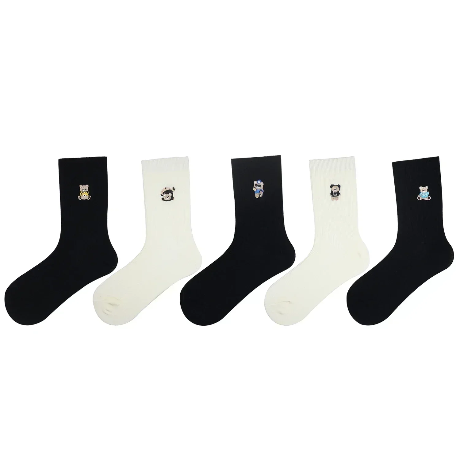 5 Пар / лот Хлопчатобумажные носки для женщин Зимние Ретро-носки с милым медведем, черно-белый комплект, теплые носки для женщин, Рождественский подарок для женщины