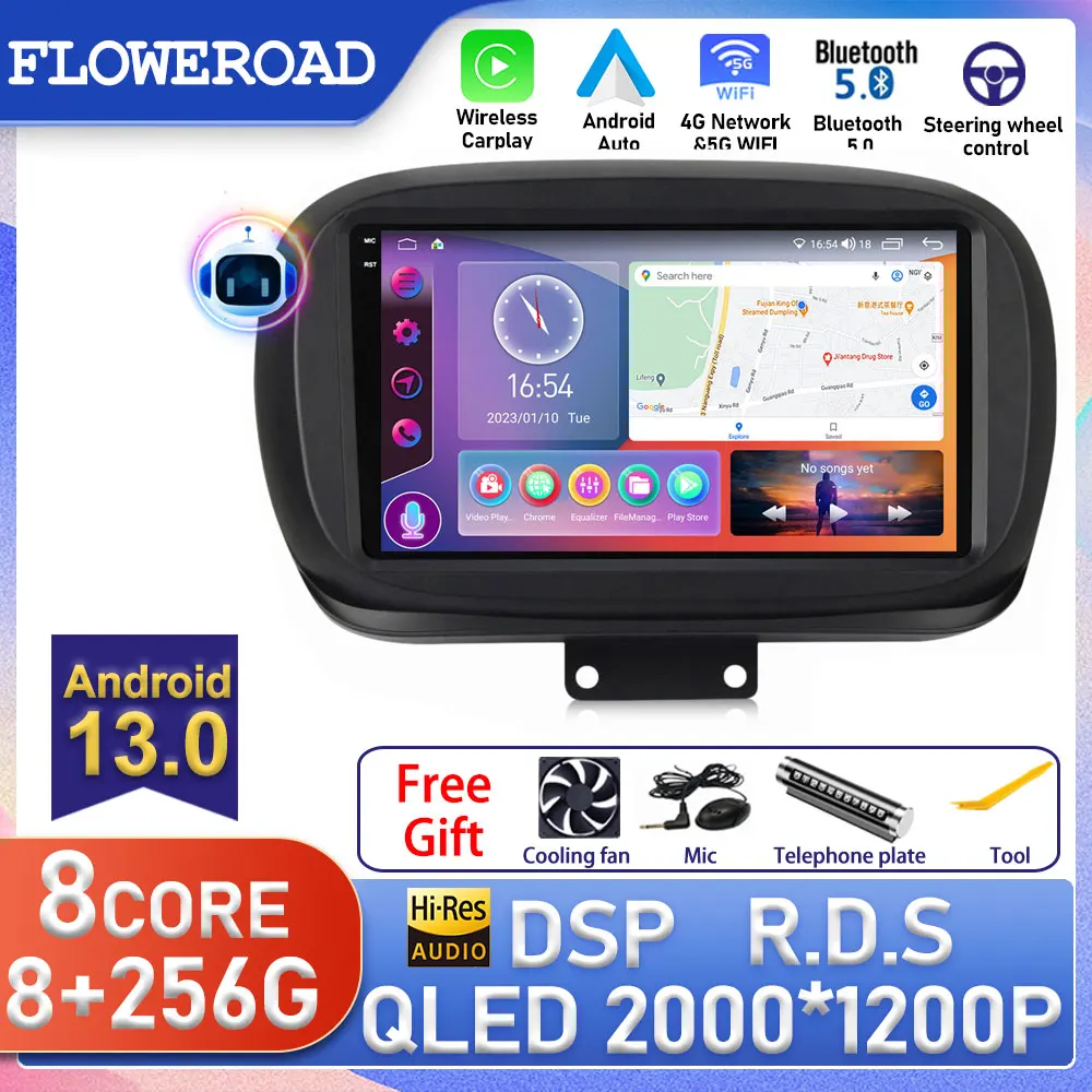 Android 8G + 256G Для Fiat 500X 2014-2020 Мультимедийный Стереоплеер Автомагнитола Головное Устройство GPS С 4GL WIFI Авторадио Bluetooth