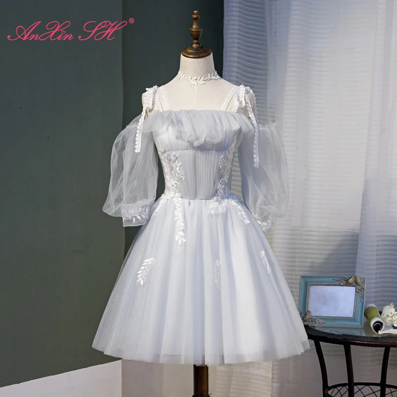 AnXin SH принцесса серое кружево белый цветок бретелька-спагетти маленький бантик с оборками короткое вечернее платье невесты маленькое белое платье