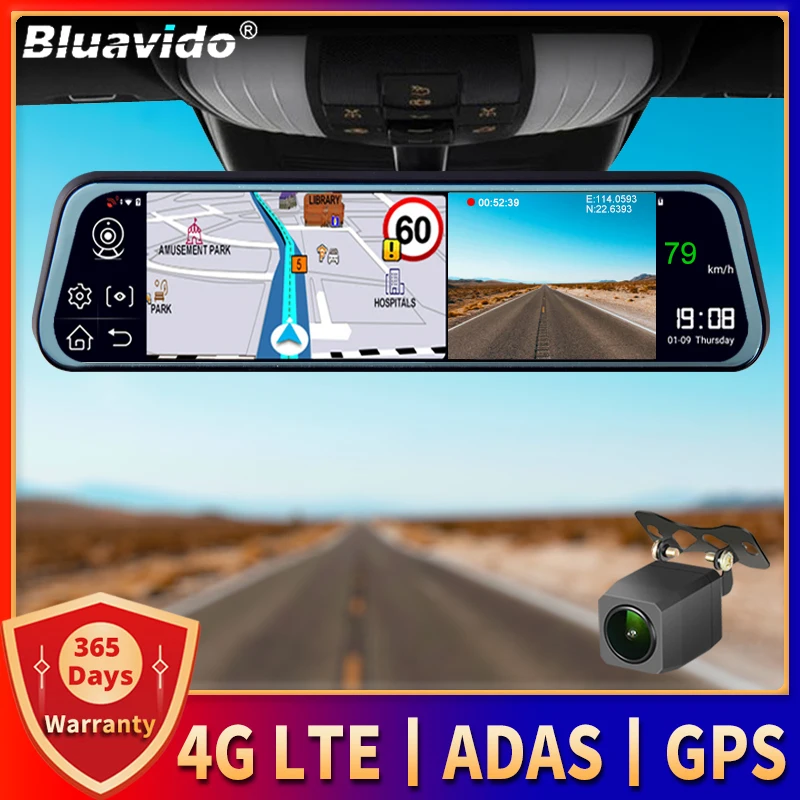 Bluavido 10 дюймов 4G LTE Android 8.1 Регистратор GPS Автомобильное Зеркало Заднего Вида Видеомагнитофон ADAS Навигация AHD 1080P Двойная Камера DVR