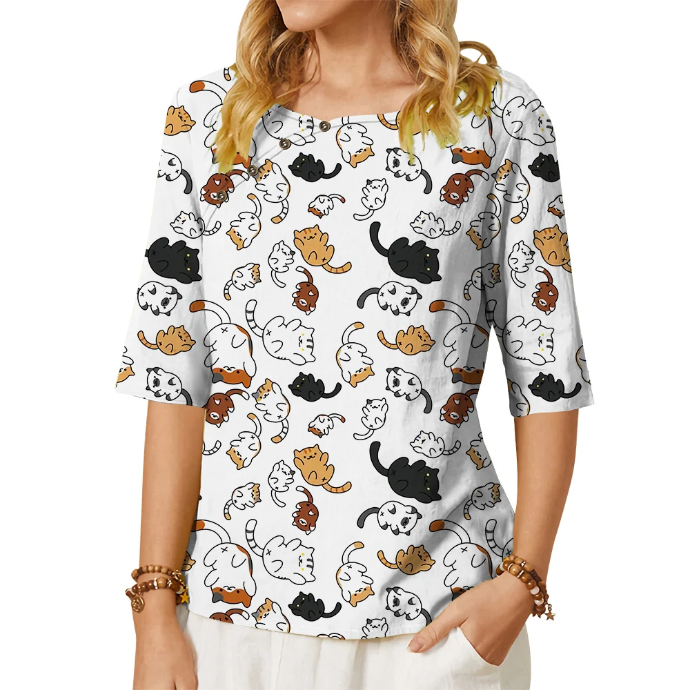 CLOOCL Модная женская футболка с рисунком Маленького кота, футболки с 3D-принтом, футболки со средним рукавом, украшенные пуговицами, Свободные повседневные блузки