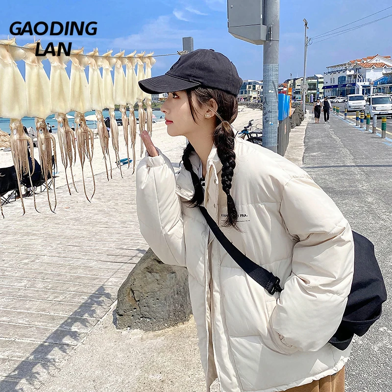 Gaodinglan, женские парки большого размера с длинным рукавом и буквенным принтом, плотная теплая Женская куртка, Корейские зимние пальто с хлопковой подкладкой на молнии.