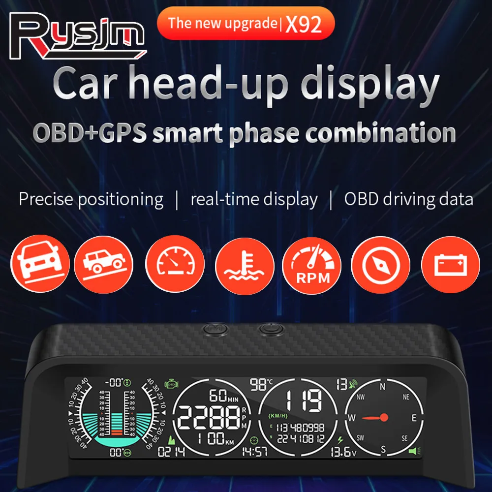 HD X92 GPS HUD Автоматический спидометр OBD Головной дисплей Автомобильный Умный Цифровой интеллектуальный измеритель уровня высоты превышение скорости обороты в минуту Вольтовая сигнализация