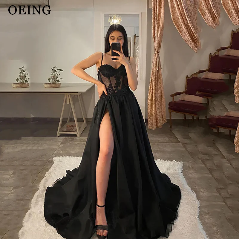 OEING Черные платья для выпускного вечера Сексуальные бретельки-спагетти с разрезом по бедрам Кружевные аппликации Вечернее платье для особых случаев Vestidos De Noche