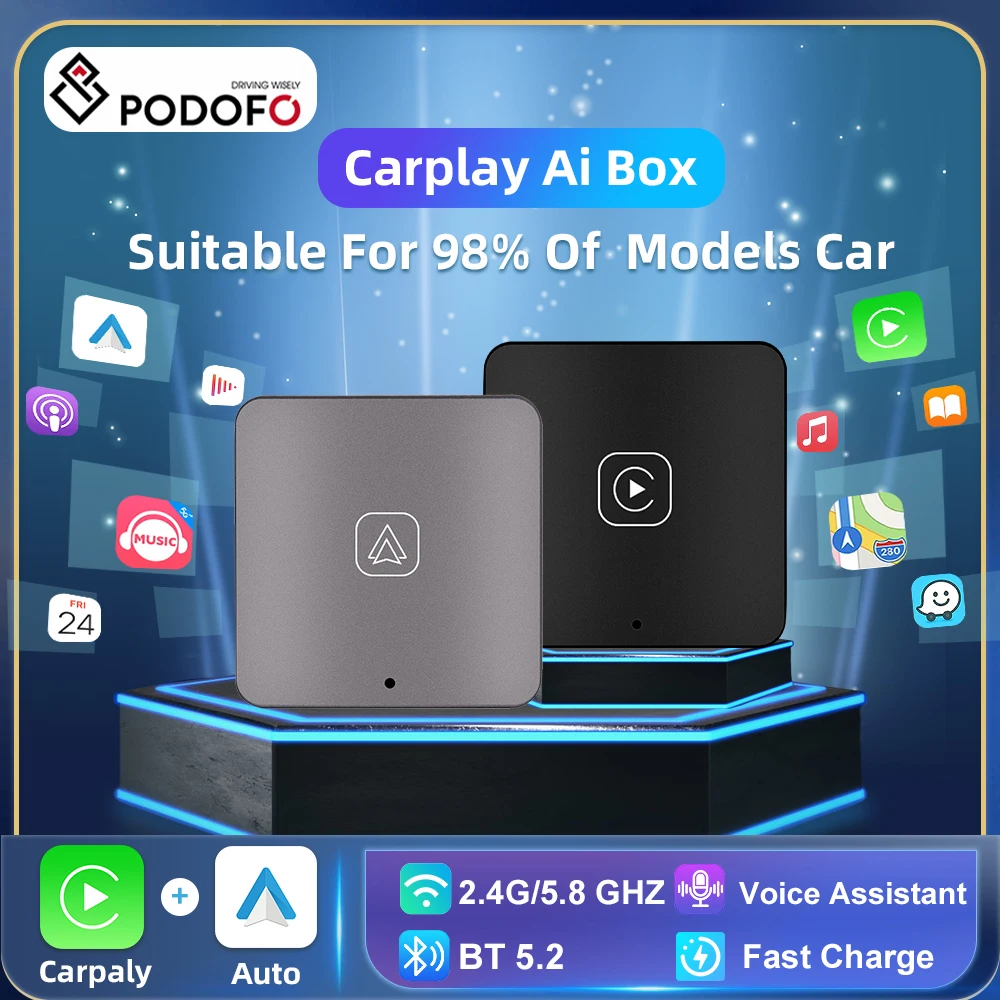 Podofo Ai Box, подключенный к беспроводной Apple CarPlay Box, активатор автоматического беспроводного ключа Android для голосового управления Audi Benz VW Toyota