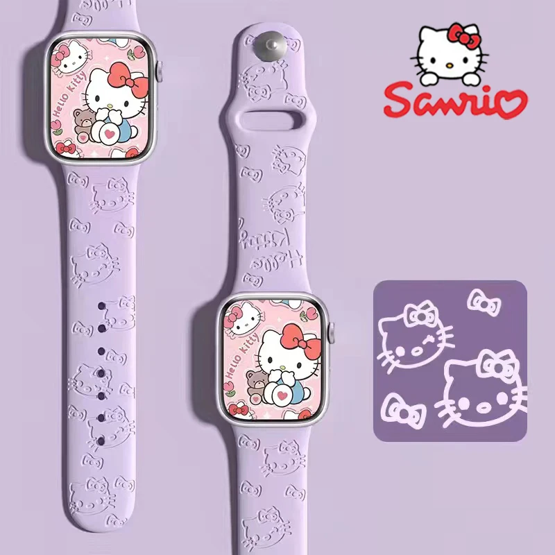 Sanrio Hello Kitty Ремешок для часов Apple 41 мм 40 мм 38 мм 44 45 мм 42 мм Женский Силиконовый Ремешок с эффектом тиснения для Спортивных Часов-браслета