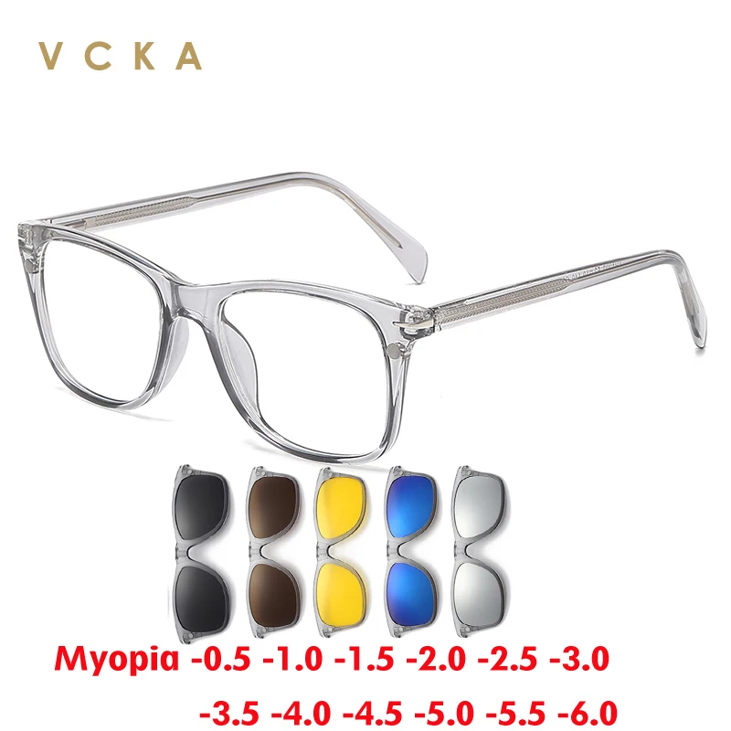 VCKA 6 В 1 Магнитные Зажимы Солнцезащитные Очки Для Близорукости В Прозрачной Серой Оправе, Очки Для Мужчин И Женщин, Поляризованные Оптические Очки На Заказ -0,5-10