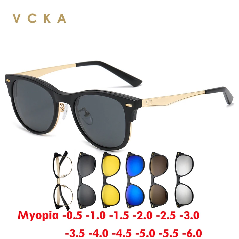 VCKA 6 в 1 Магнитный Зажим Близорукость Квадратные Солнцезащитные Очки Мужчины Женщины TR90 Поляризованные Очки Оптические Очки по Рецепту От -0,5 до -10