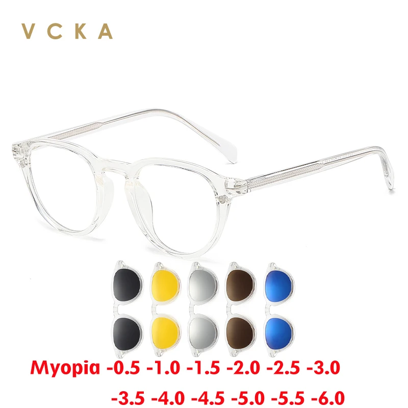 VCKA 6 В 1 Солнцезащитные Очки Для Близорукости Мужчины Женщины Поляризованные Очки С Магнитными Зажимами На Заказ Круглая Прозрачная Оправа Для Очков -0,5 -10