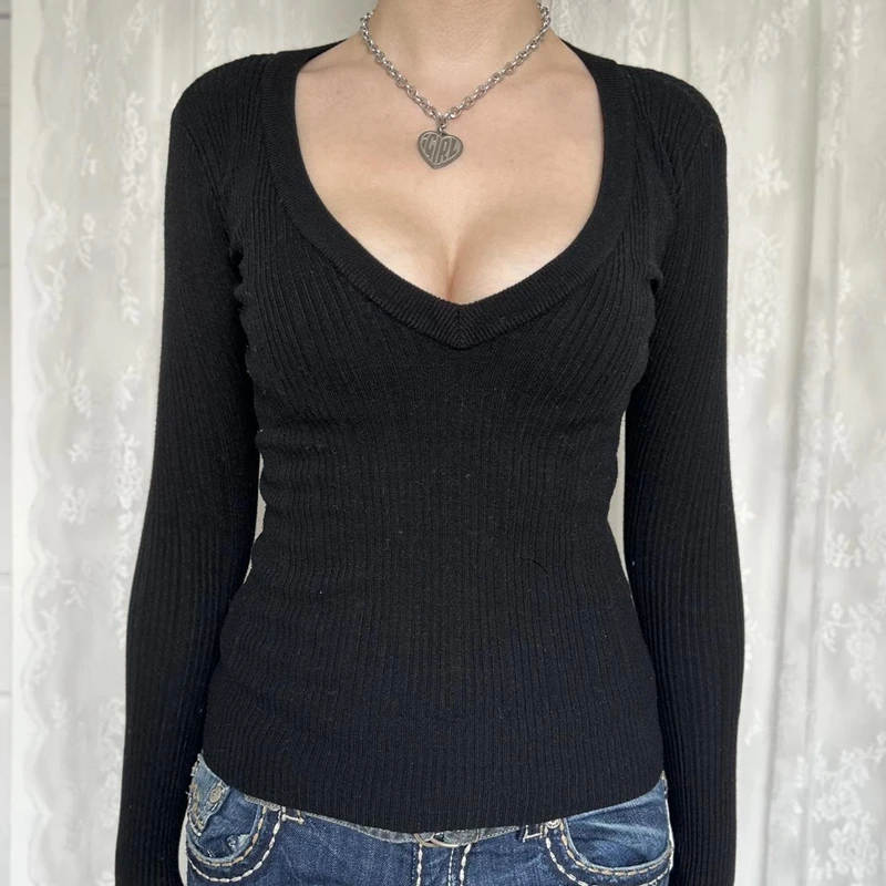 Y2K, винтажная трикотажная футболка с V-образным вырезом, Осенний облегающий черный свитер с длинным рукавом, футболки, пуловеры в стиле ретро Гранж 2000-х, топы