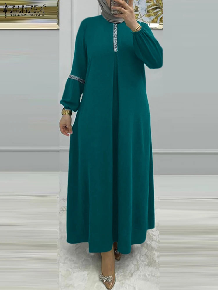 ZANZEA Мусульманское Длинное Платье Рамадан Халат Исамическая Одежда Абаи Для Женщин Однотонный Сарафан С Длинным Рукавом И Блестками Абая Хиджаб Vestido