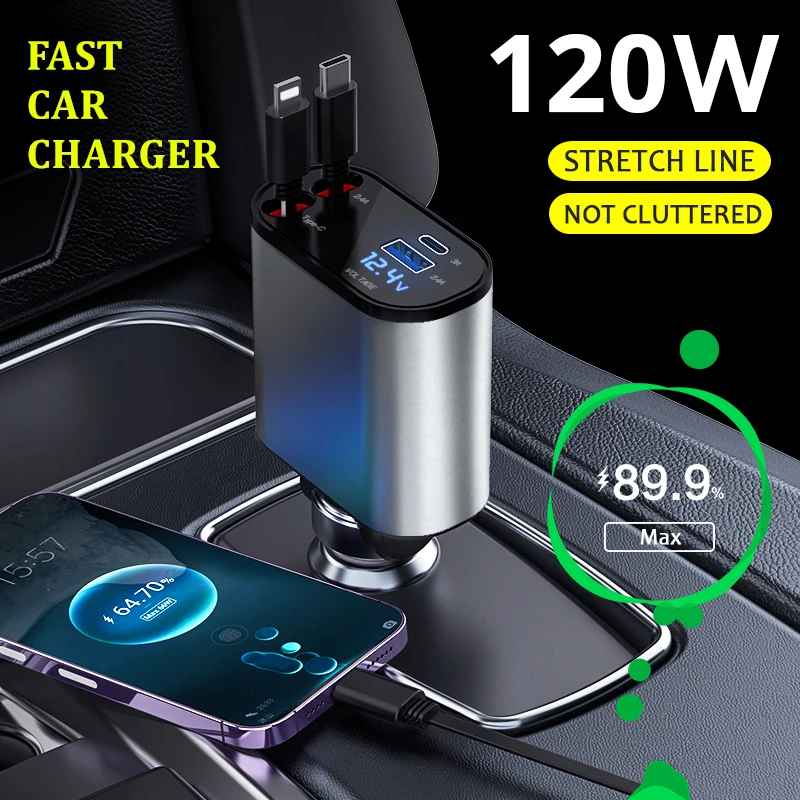 Автомобильное зарядное устройство мощностью 120 Вт, 4 в 1, Выдвижной кабель USB Type C, быстрая зарядка для iPhone / Xiaomi / Samsung, шнур для быстрой зарядки, прикуриватель
