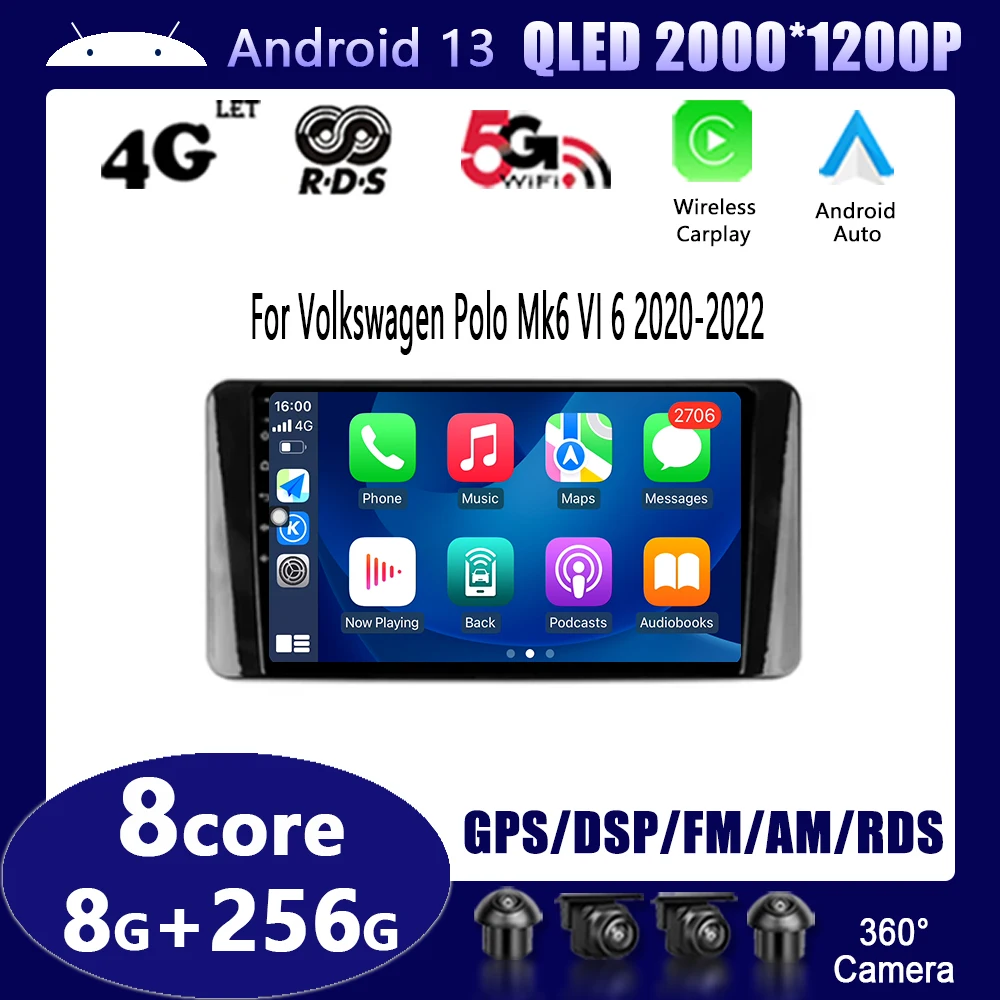 Автомобильный мультимедийный стереоплеер Android Carplay Автоматическая GPS-навигация Wifi для Volkswagen Polo Mk6 VI 6 2020-2022
