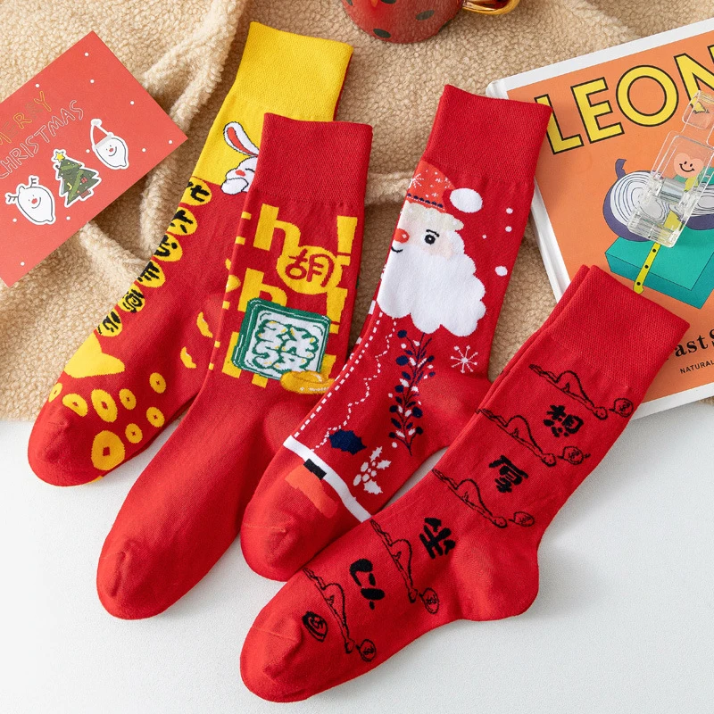 Асимметричные Красные хлопчатобумажные носки, женские модные длинные носки, женские забавные Носки, Рождественский подарок, Calcetines Meias
