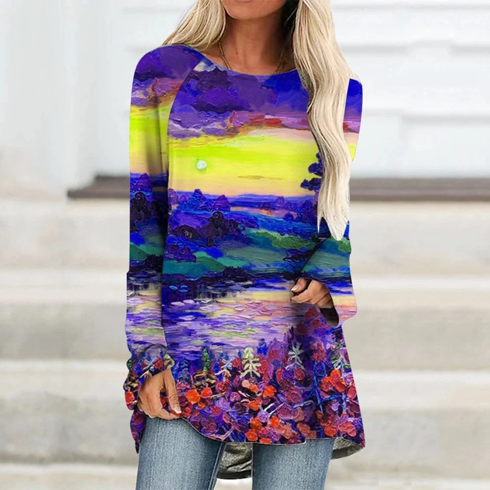 Весенне-осенние футболки с цветочной масляной живописью, 3D-принт, женская мода, реглан, футболка с длинным рукавом, женские футболки, топы, одежда