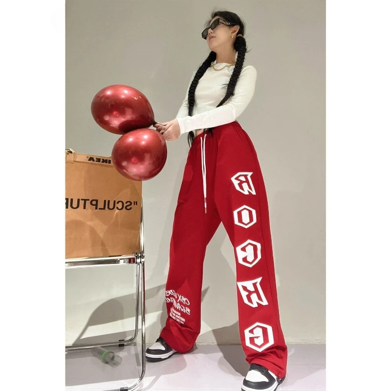 Весна Осень Y2K уличная одежда Красные спортивные брюки женские спортивные брюки в корейском стиле с буквенным принтом оверсайз Harajuku Kpop Хип-хоп джоггеры