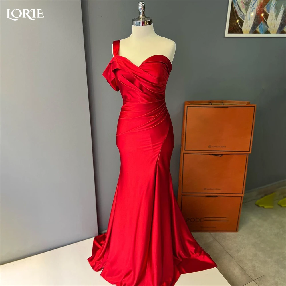 Вечерние платья LORIE Red Beach Mermaid с рюшами на одном плече, плиссированное облегающее Блестящее атласное платье для выпускного вечера, вечерние платья Arabia Bride 2022