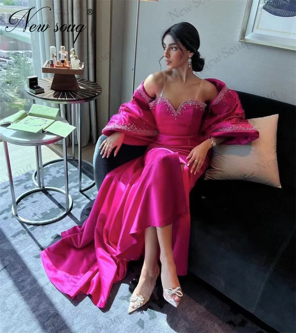 Вечерние платья из атласа цвета Фуксии С длинной расшитой бисером накидкой Dubai Couture Платье для выпускного вечера, дня рождения, помолвки, вечерние платья Vestidos De Noche