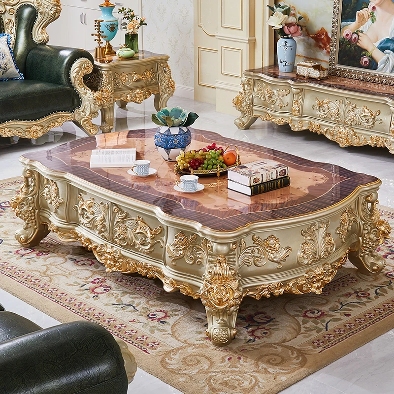 Вилла в европейском стиле центральный стол из массива дерева мебель для гостиной с резьбой под дуб золотой роскошный центральный стол комбинация шкафов для телевизора