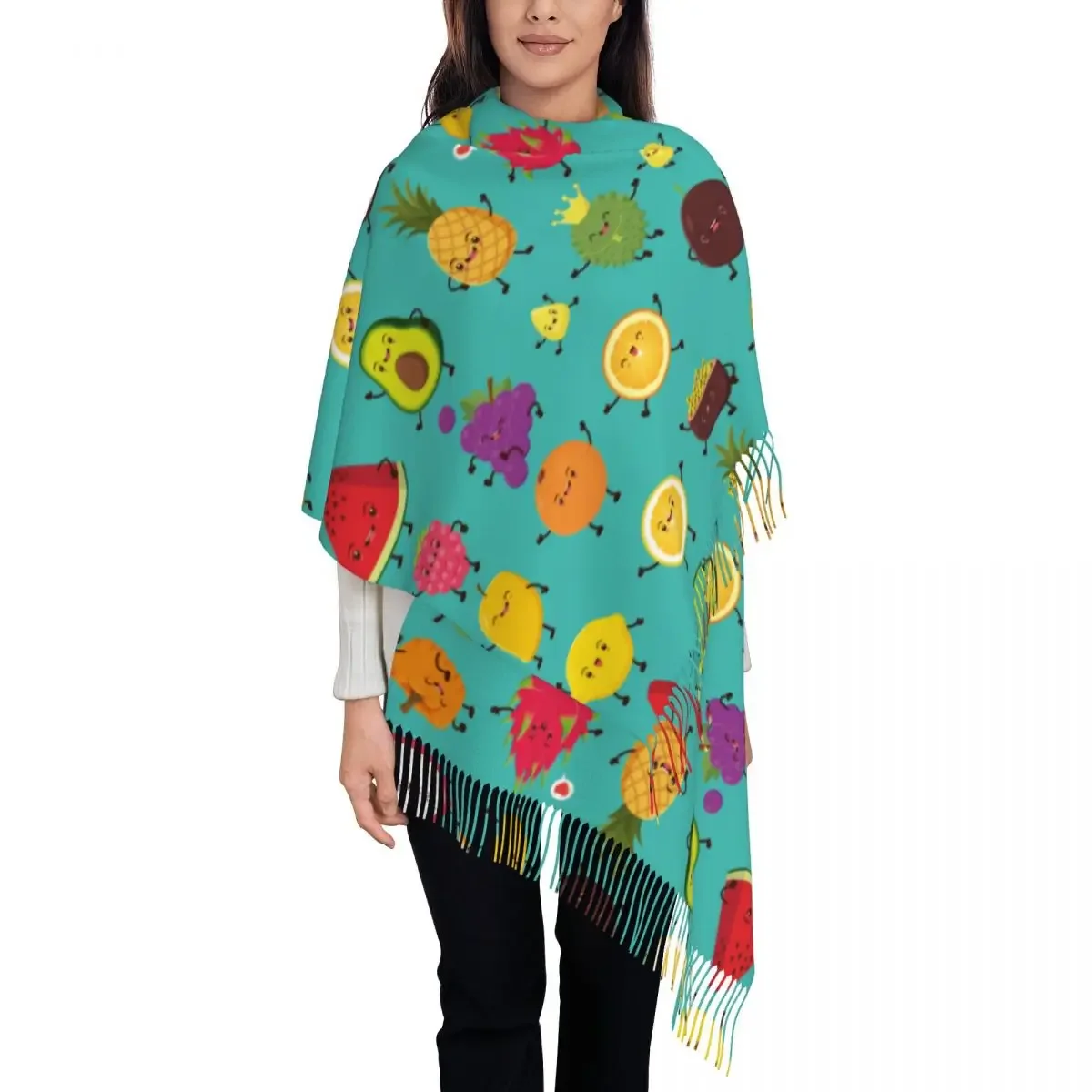 Винтажный фруктовый плакат, Женская шаль из пашмины, обертывания, шарф с бахромой, Длинный Большой шарф