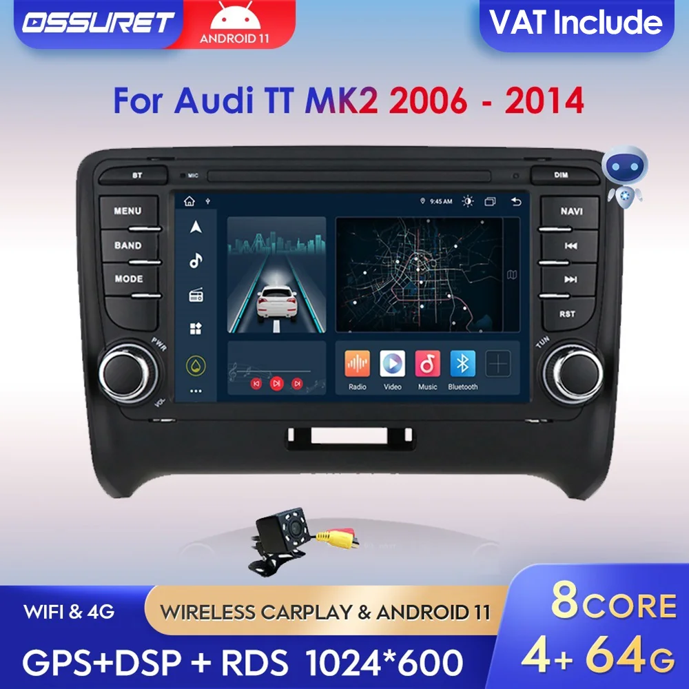 Восьмиядерный 2 Din Экран Carplay для Audi TT MK2 Android 11 Автомобильный Радио Мультимедийный Плеер Bluetooth RDS GPS Навигация Стерео БЕЗ DVD