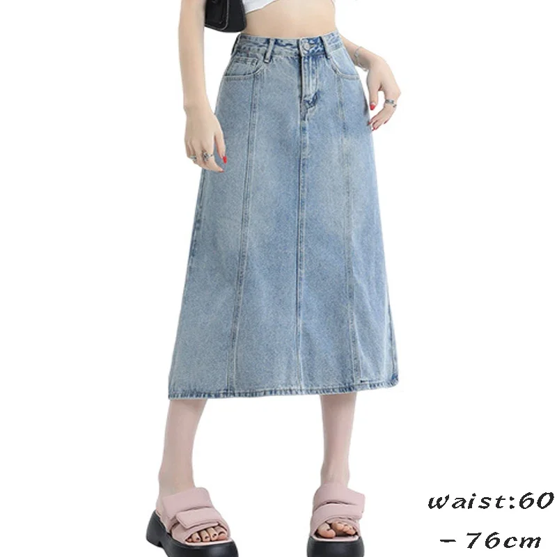 Высококачественная длинная джинсовая бандажная юбка для женщин, трапециевидной формы, новая винтажная одежда для молодых леди 2024 года - синий