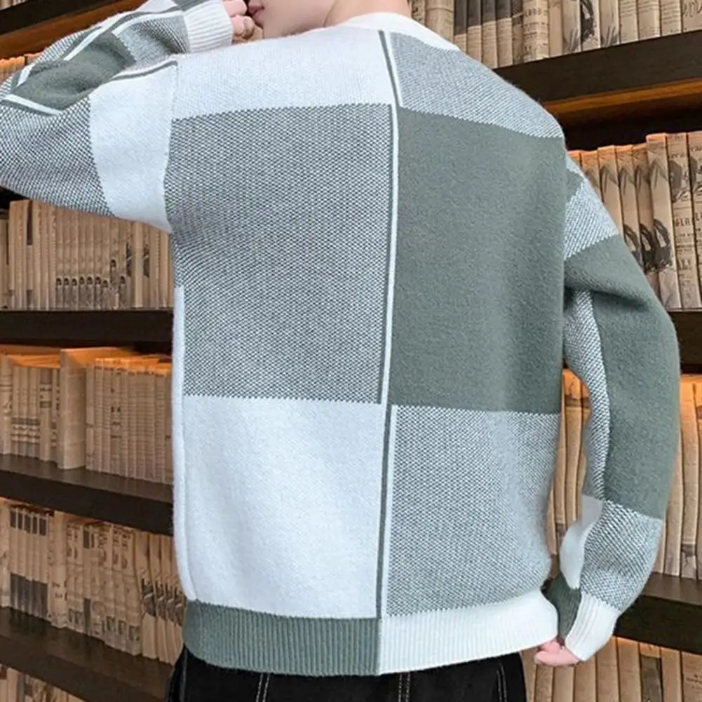 Вязаный свитер с геометрическим принтом, вязаный мужской свитер с круглым вырезом и длинным рукавом для осени-зимы, толстый теплый пуловер в цвет блока