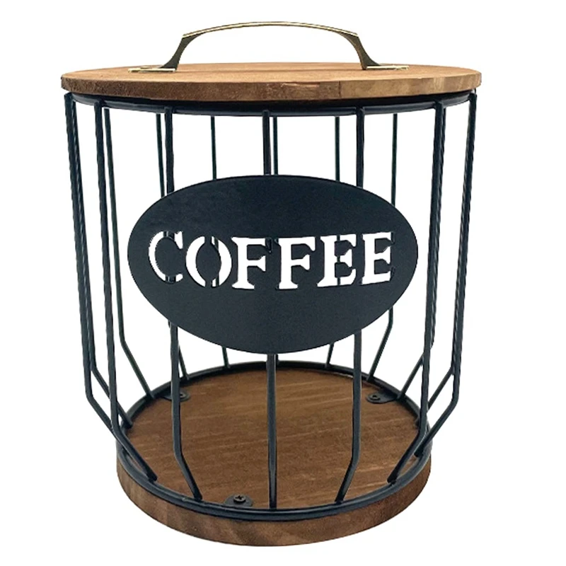 Держатель для кофе с деревянной крышкой, корзина для контейнеров для хранения кофе большой емкости, круглый футляр для держателя кофе для прилавка Прочный черный