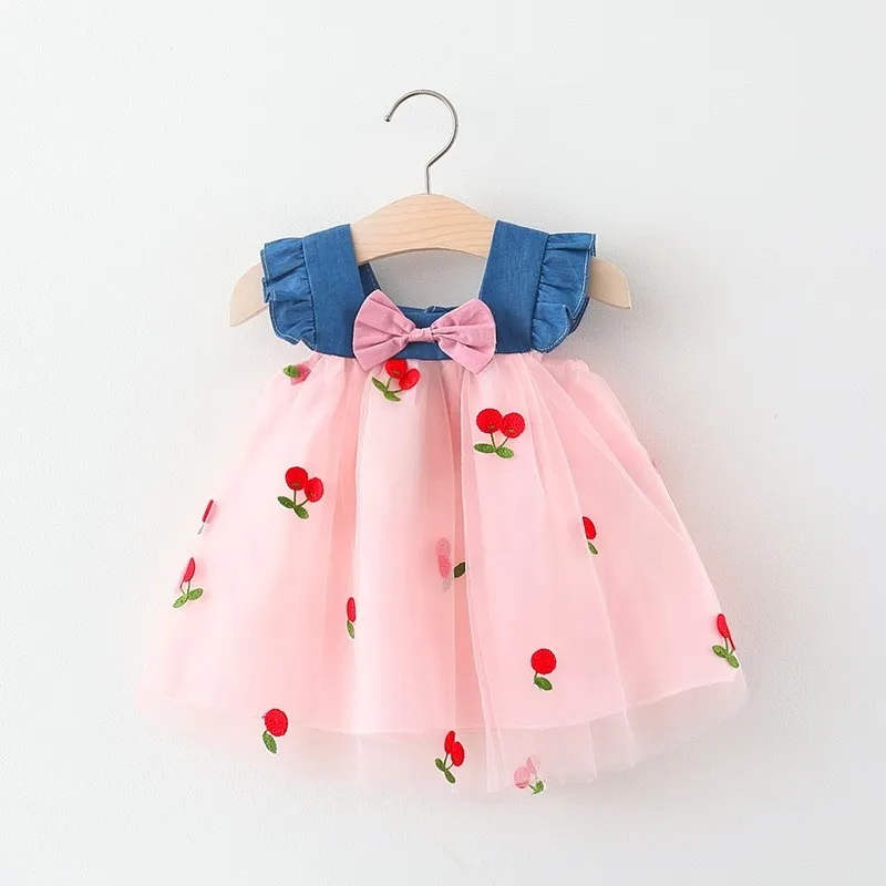 Детская одежда 2024, летняя новая юбка принцессы для девочек с фруктовым принтом, милая юбка на подтяжках, детская повседневная джинсовая юбка с бантом