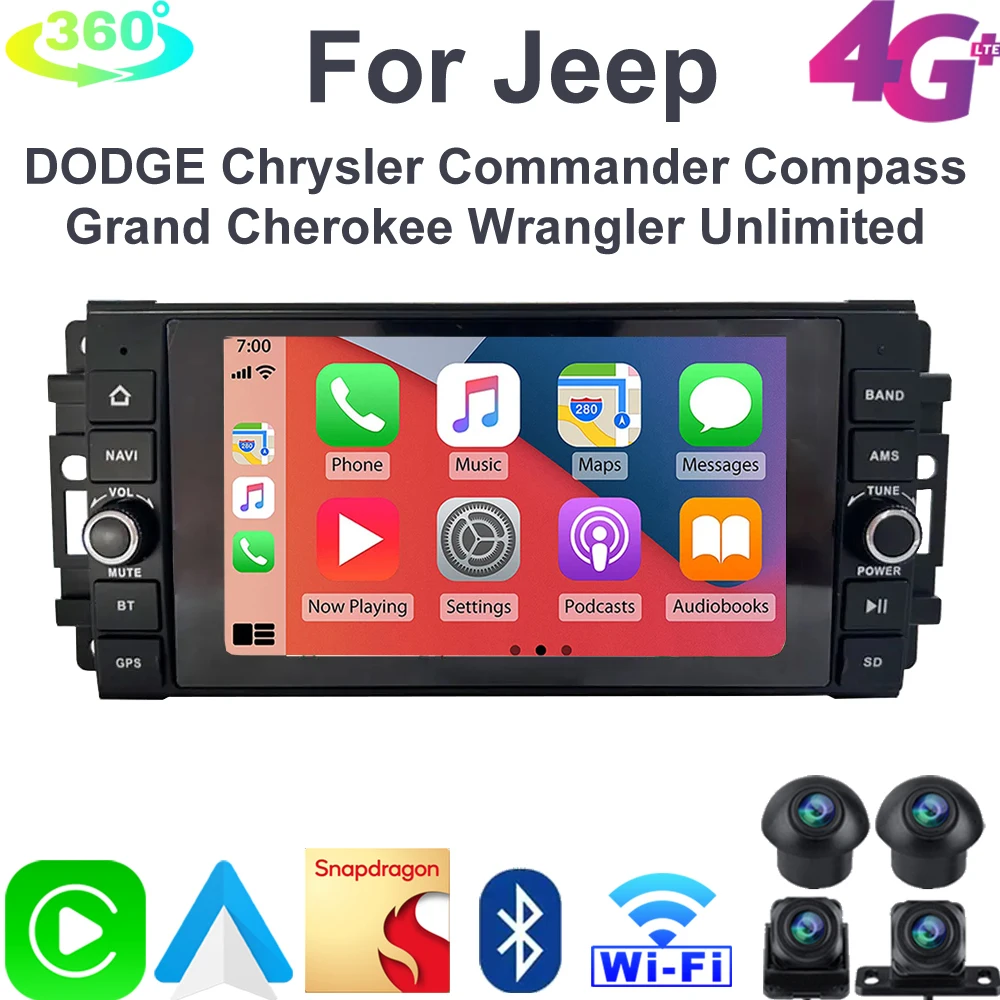 Для Jeep Commander Compass Grand Cherokee Wrangler Carplay Автомобильный DVD-плеер Android 12,0 8 Core 8 ГБ + 256 Г Радио GPS Wifi мультимедиа