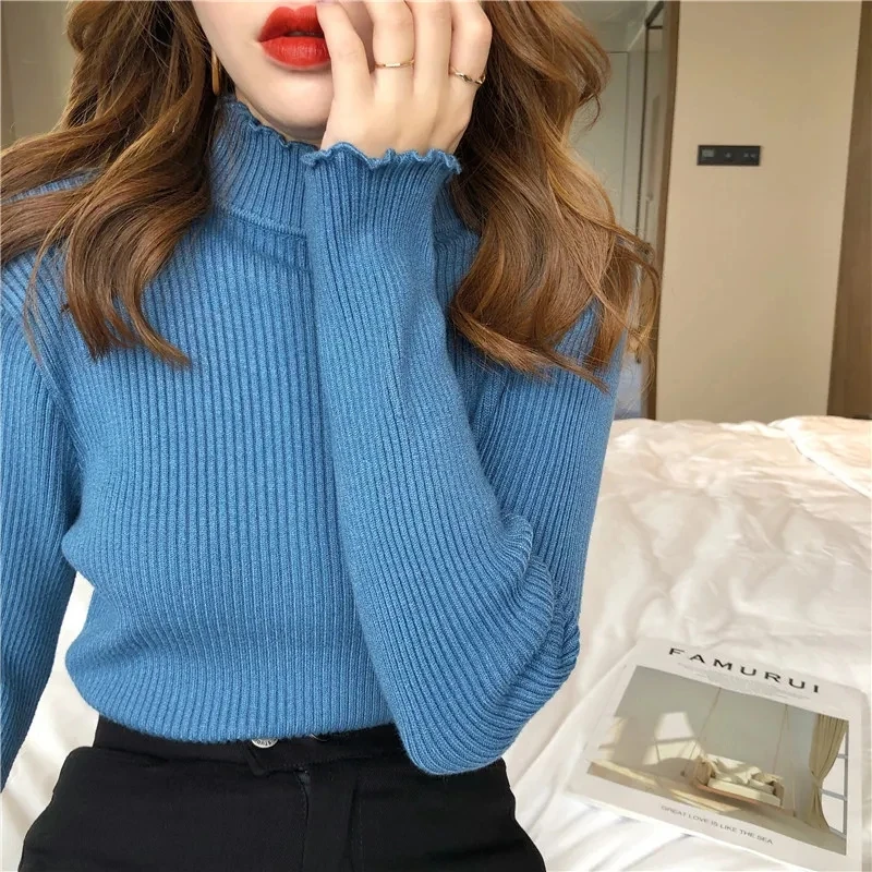 Женская водолазка, однотонный теплый свитер, вязаный базовый пуловер с длинным рукавом, Тонкий офисный джемпер для женщин, осенняя нижняя рубашка 2024 года