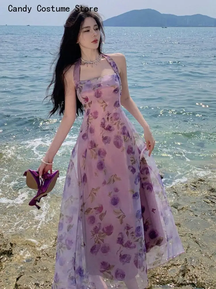 Женская Летняя верхняя одежда без рукавов, пляжное платье с цветочным рисунком, женский Повседневный халат Миди на бретельках, Корейский Цельный халат Vestidos