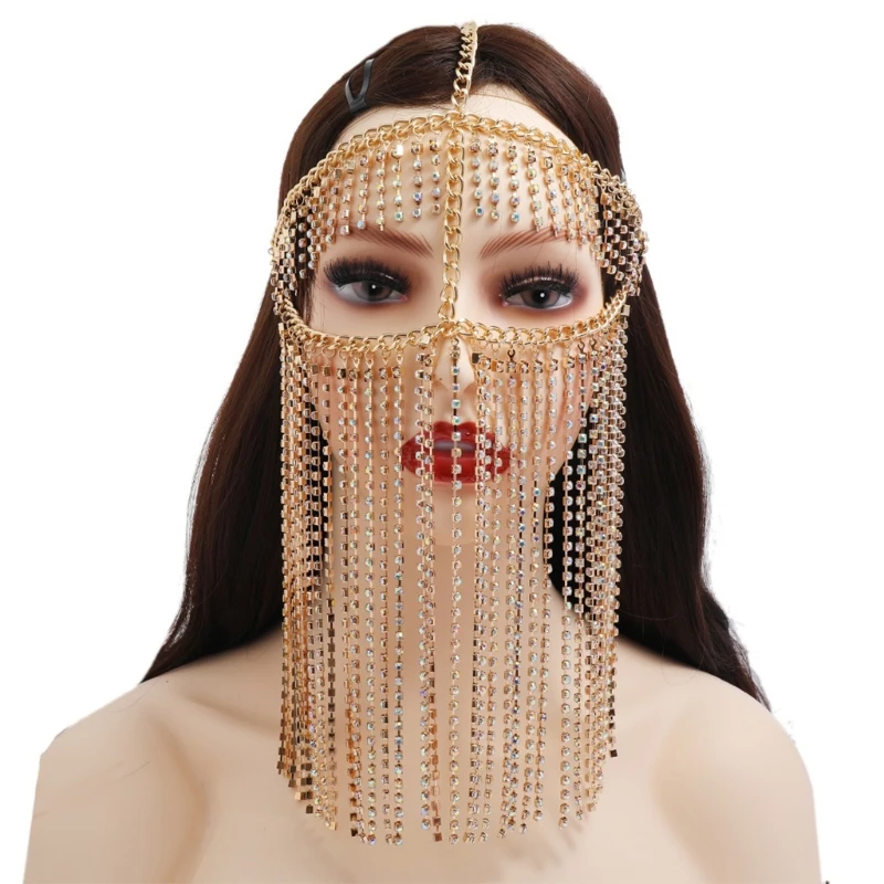 Женская маскарадная маска с кисточками из искусственного хрусталя ручной работы, вуаль, цепочка для лица, сцена для танца живота, повязка на голову для косплея, украшения для вечеринок