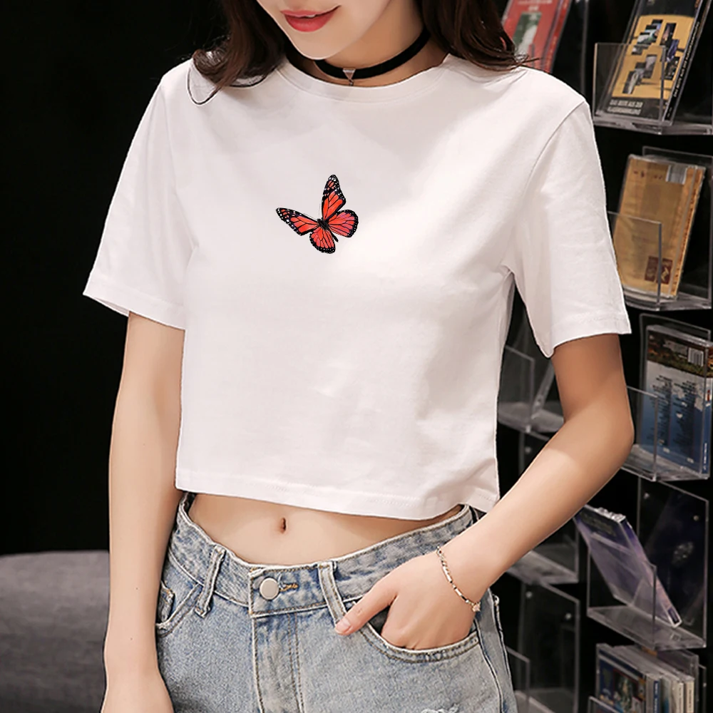 Женская модная футболка Kpop с принтом бабочки, футболка с круглым вырезом и коротким рукавом, женские тройники, Летний женский укороченный топ, футболка Ropa Mujer