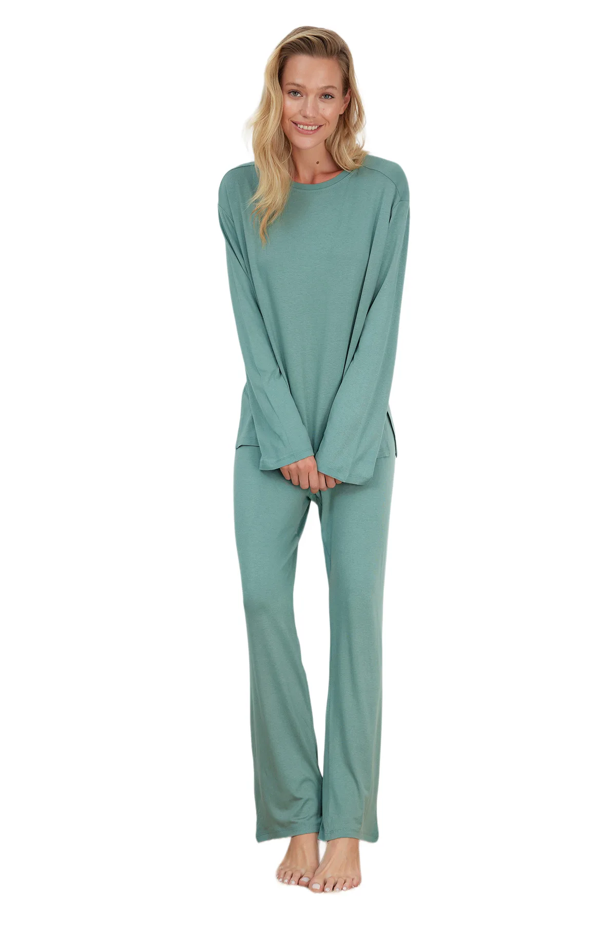 Женская однотонная домашняя одежда с длинным рукавом Trendyol, 2 упаковки, Обычный пижамный комплект