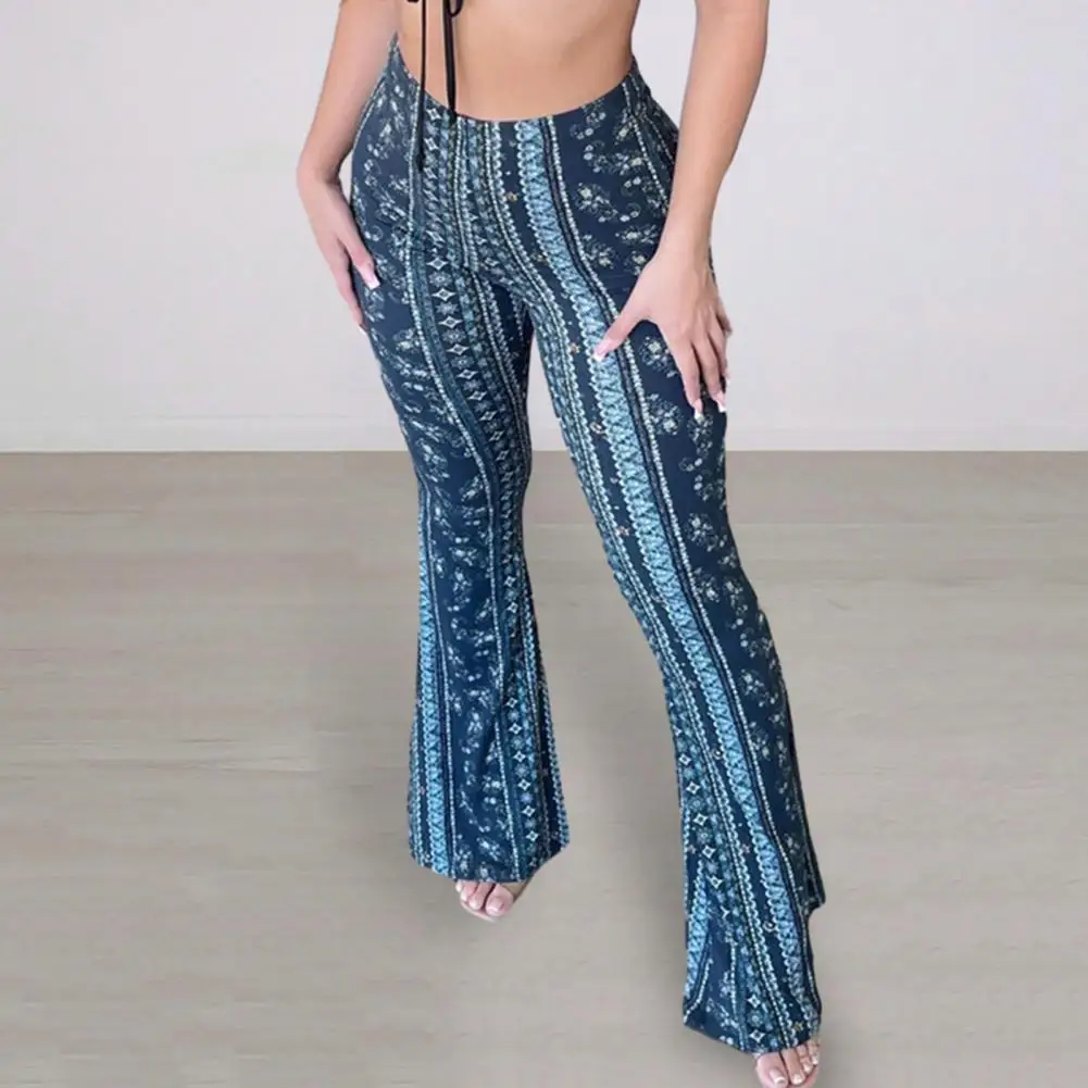 Женские брюки с высокой эластичной талией, расклешенный низ с принтом в стиле ретро, облегающие эластичные Мягкие дышащие спортивные длинные брюки для йоги