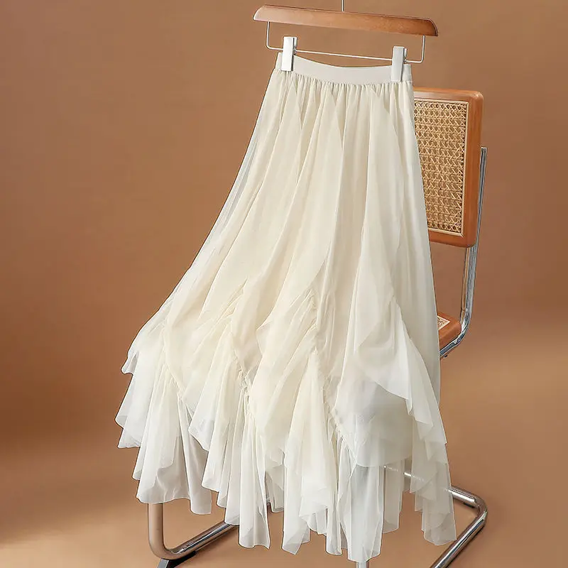 Женские весенне-осенние модные эластичные женские длинные юбки из тюля с высокой талией, женская однотонная сетчатая юбка неправильной формы O706
