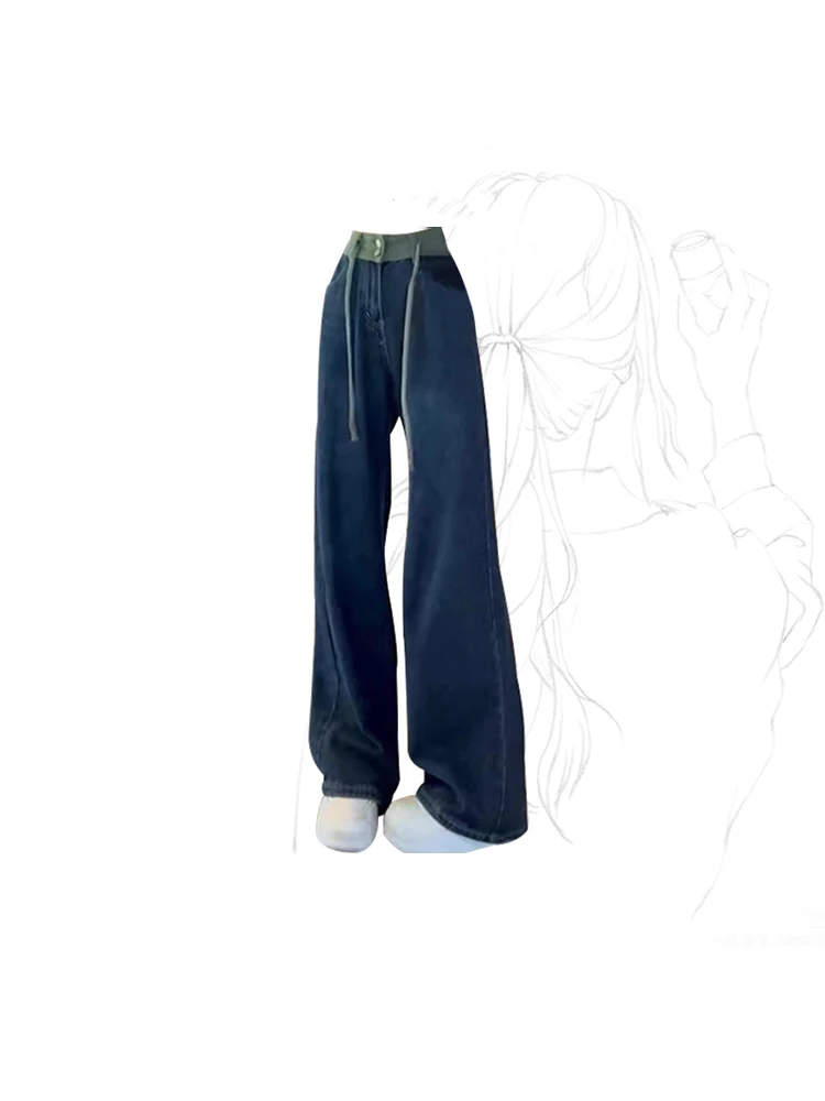 Женские винтажные синие джинсы с высокой талией Уличная одежда Y2k Широкие джинсовые брюки Корейские Мешковатые Повседневные Прямые брюки в стиле пэчворк Летние