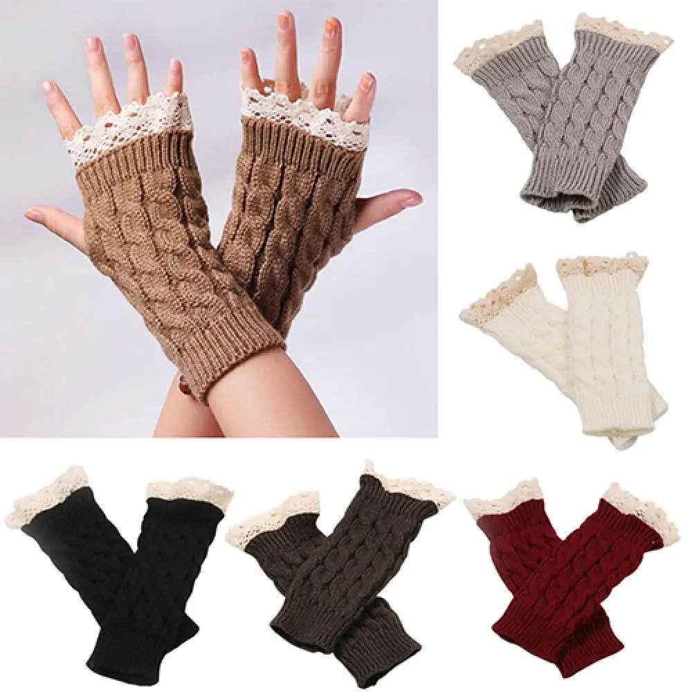 Женские кружевные перчатки без пальцев, мягкая вязаная теплая длинная варежка, грелка для запястий, зимний подарок