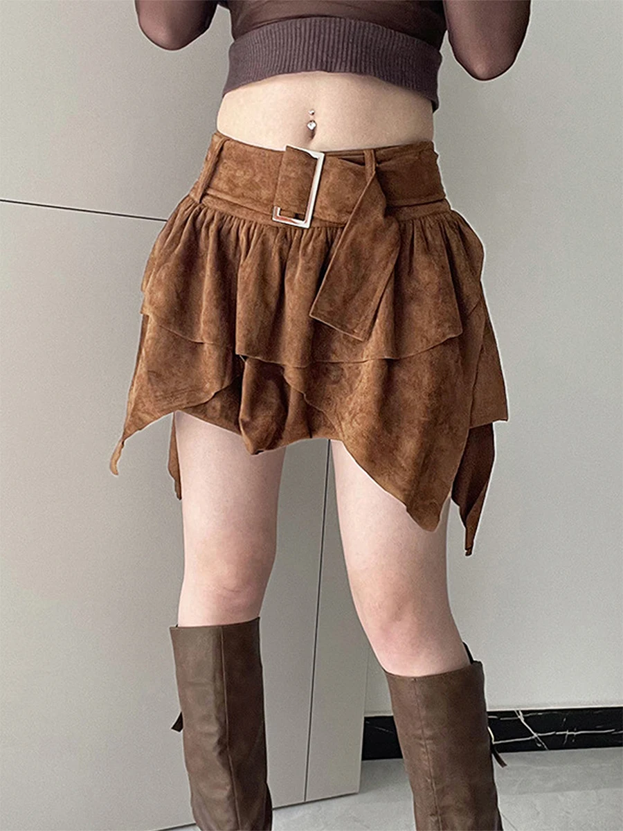 Женские мини-юбки Однотонные плиссированные юбки с неправильным подолом Весенние короткие юбки с пряжкой на поясе Уличная одежда